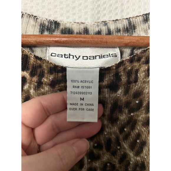 Cathy Daniels Brown Leopard Print Long Sleeve Beaded Detail Crew Neck Top Size M - Picture 5 of 9